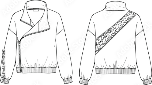 Asymmetrical zipper jacket technical flat sketch, front and back view, ribbed cuffs and hem, diagonal panel, fashion design vector illustration