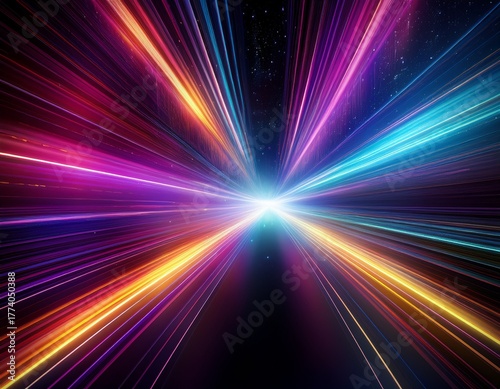 dynamic cosmic light rays zooming through deep space in glowing colors
