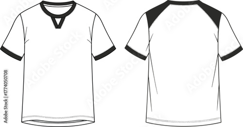 Short sleeve t-shirt technical fashion sketch, front and back view, with contrast neckline, sleeve hem, shoulder panel, garment design details