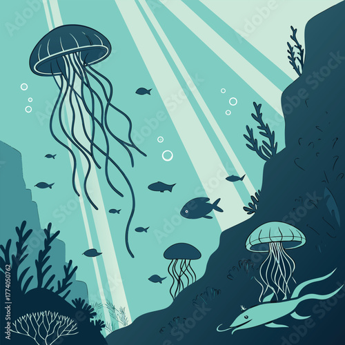 Underwater scene with jellyfish fish and coral ocean
