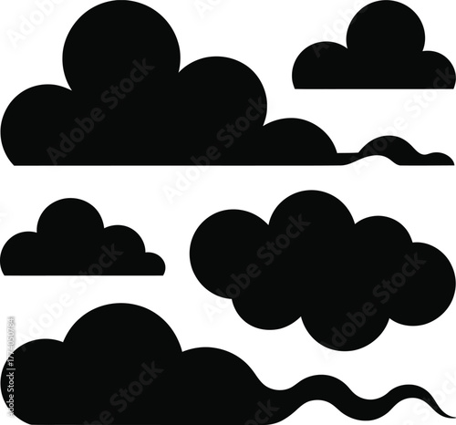 Collection of simple black silhouettes of cumulus clouds for design and decoration