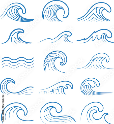 Collection of stylized blue ocean waves in various dynamic forms perfect for design projects