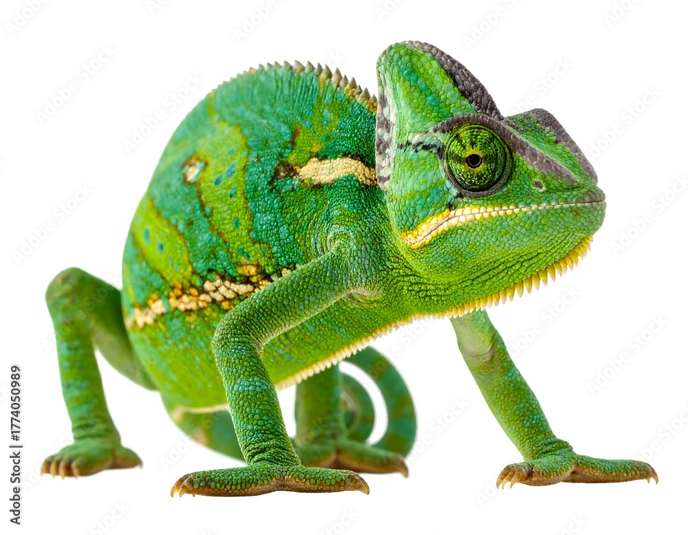 Obraz premium A green chameleon with yellow accents, curled tail, against a bright white background