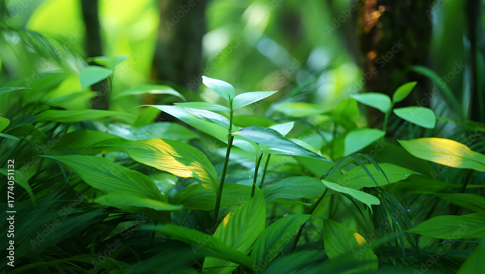 Obraz premium Lush green forest floor with vibrant leaves and dappled sunlight filtering through trees nature
