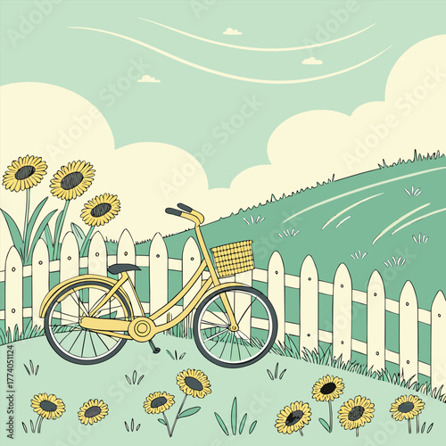 Yellow bicycle with sunflowers and picket fence in a meadow