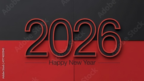 Happy New Year 2026 text with a modern design on a red and black background.