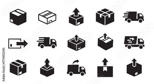 Delivery and logistics icons vector illustration with boxes and truck