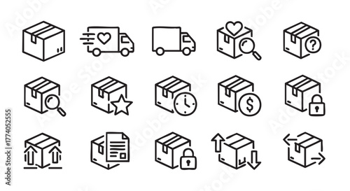 Delivery and shipping icons set with boxes truck and search option