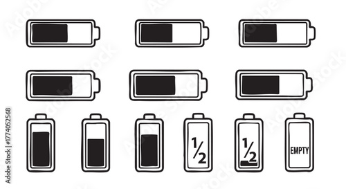 Different Battery Levels in a Repeating Pattern Black and White Background