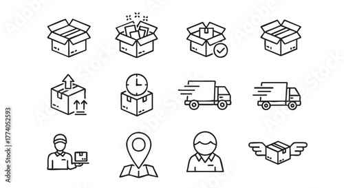 Delivery service icons set representing logistics and transportation solutions
