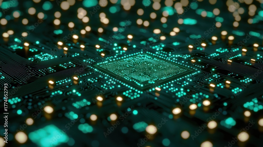 Obraz premium Circuit board with glowing elements and pathways