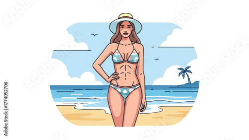 Woman enjoying beach vacation wearing bikini under sun hat illustration