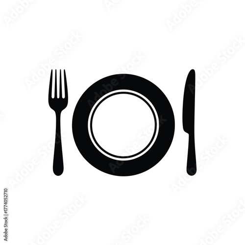 Black-and-white icon of a plate with fork and knife, ideal for food, restaurant, and dining themes