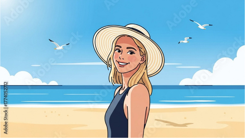 Beautiful Young Woman Enjoying a Sunny Day at the Beach