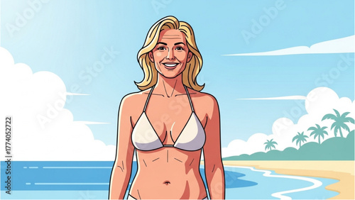 Joyful woman in a swimsuit enjoying a sunny day at the beach, radiating happiness and summer vibes by the ocean