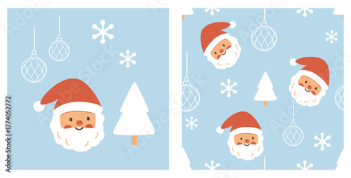 Cute santa claus heads, snowflakes and ornaments on pastel blue, christmas seamless pattern.