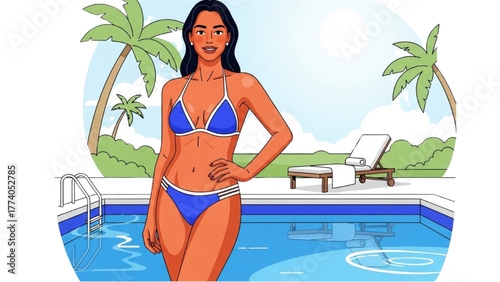 Attractive Woman in Bikini by the Pool, Summer Vacation Vibes