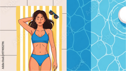 Woman relaxing on a towel by the pool on a sunny day