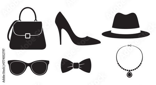 Fashionable woman accessories set in black and white vector illustration