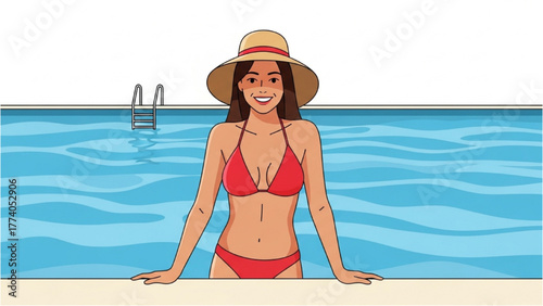 Blissful Woman Sunbathing by Serene Poolside Oasis with Tropical Palms - Perfect Summer Relaxation