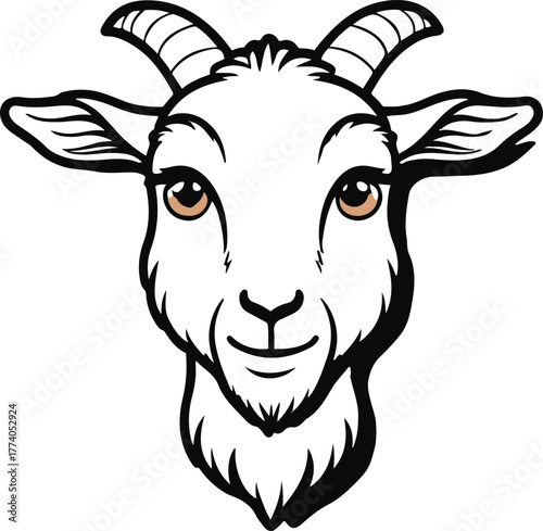 Goat face front view with simple beard detail, clean thin lines, white background, friendly minimal livestock character design 2