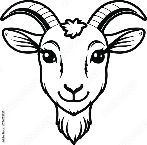 Goat face front view with simple beard detail, clean thin lines, white background, friendly minimal livestock character design 1