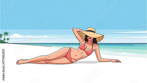 Woman in bikini and sun hat lounging on a tropical beach