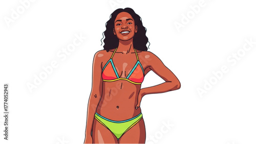 Vibrant illustration of a confident young woman in a colorful bikini, smiling brightly for a joyful summer vacation or beach day