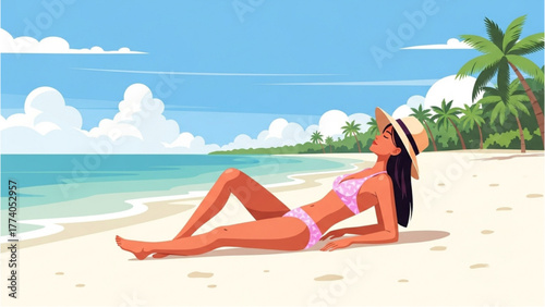 Relaxing woman sunbathing on a tropical beach with palm trees and clear blue ocean