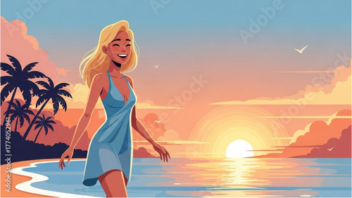 Joyful Woman Strolling on a Tropical Beach at Golden Sunset, Embracing Summer Vacation Serenity