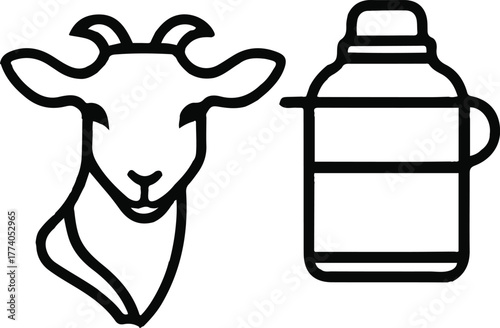 Goat silhouette with milk pail icon bundle, white background, clean black outline, dairy farm concept minimal vector 3