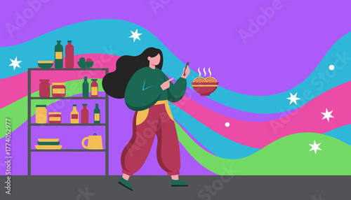 Woman uses mobile phone for online food ordering or delivery near a colorful kitchen shelf Flat design
