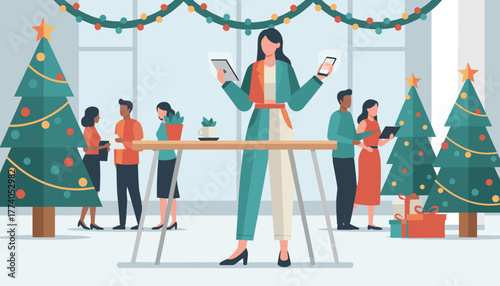 Multitasking professional using devices at a festive office Christmas party
