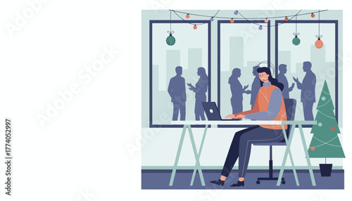 Holiday customer service agent working on laptop in decorated office during the Christmas season