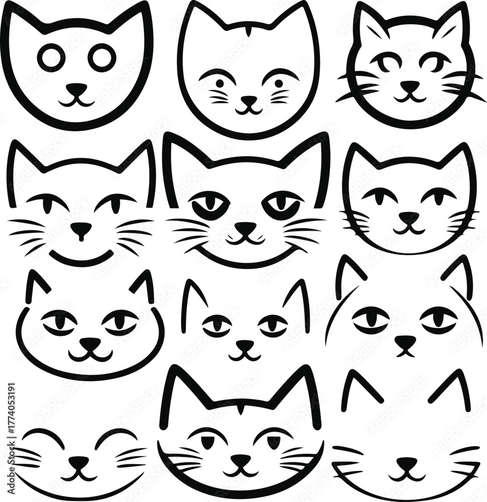 Obraz premium Cat face variations icon set, different eye shapes, whisker styles, ear positions, black outline, white background, clean minimal pet expression pack 3
