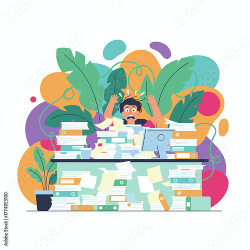 Professional burnout Stressed worker drowning in paperwork at the office desk