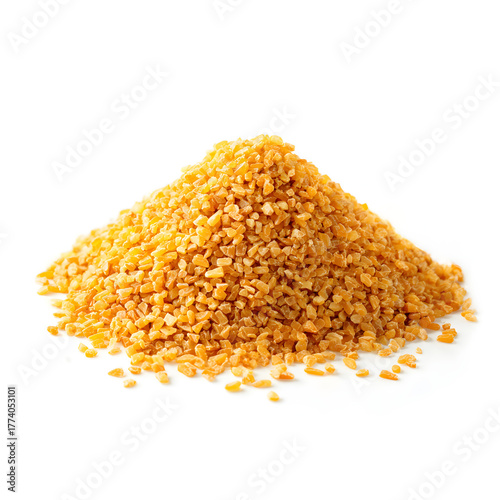 Pile of dry bulgur groats isolated on white background golden cracked wheat grains for healthy cooking and Mediterranean cuisine