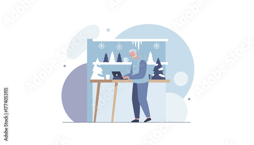 Senior man works remotely on a tablet in a winter home office with holiday decor