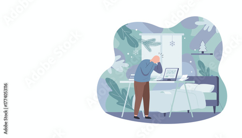 Man stressed about work and financial crisis while working from home in winter