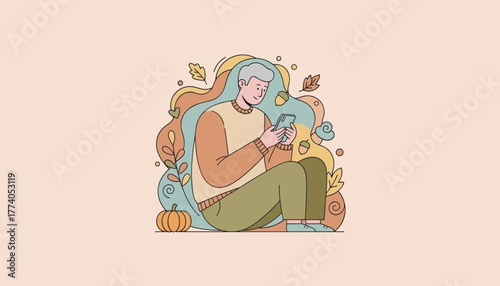 Cozy fall illustration of a man sitting scrolling on his smartphone surrounded by autumn nature elements