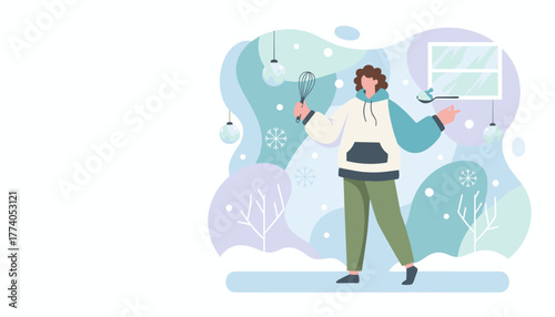 A person baking indoors during winter holding a whisk and spoon with ingredients Cozy culinary activity