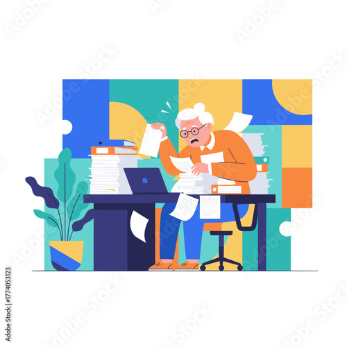 Stressed elderly worker dealing with massive paperwork workload deadline and office bureaucracy