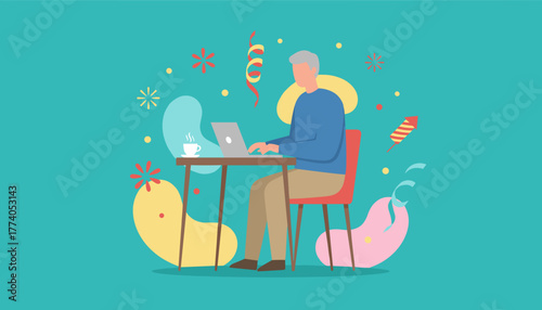 Celebrating work success Senior man works remotely on a laptop with coffee