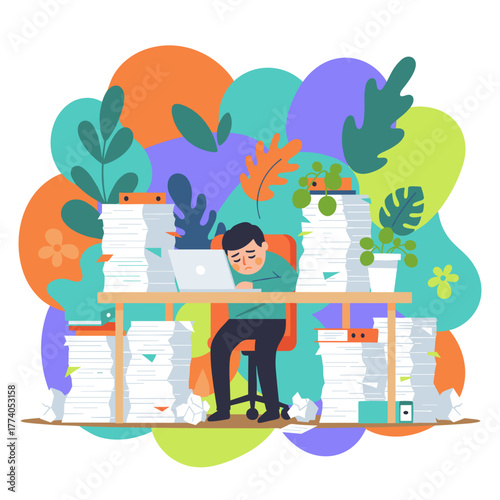 Burnout Tired worker overwhelmed by a mountain of office paperwork