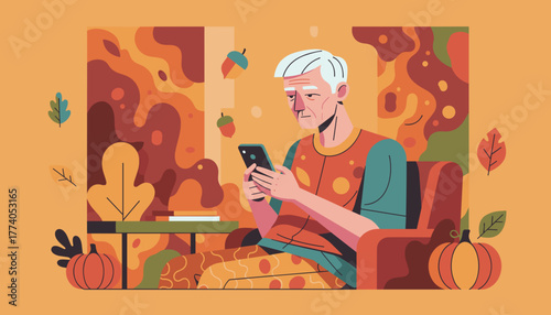 Elderly man using smartphone at home cozy autumn illustration