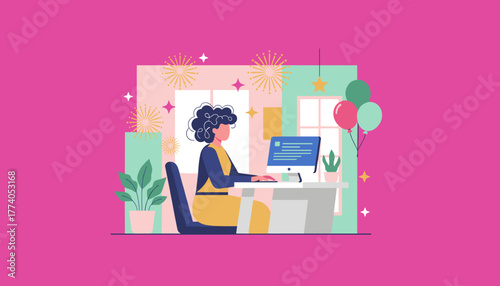 Remote worker celebrates success at her computer in a vibrant office illustration