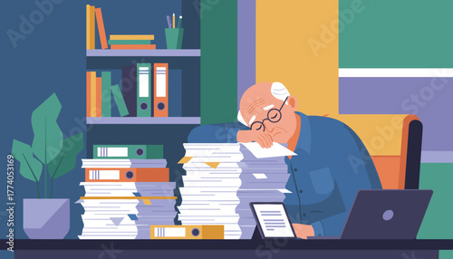 Overworked elderly man sleeps on a huge stack of documents in his office Business stress and burnout