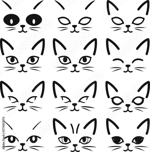 Cat face variations icon set, different eye shapes, whisker styles, ear positions, black outline, white background, clean minimal pet expression pack 1