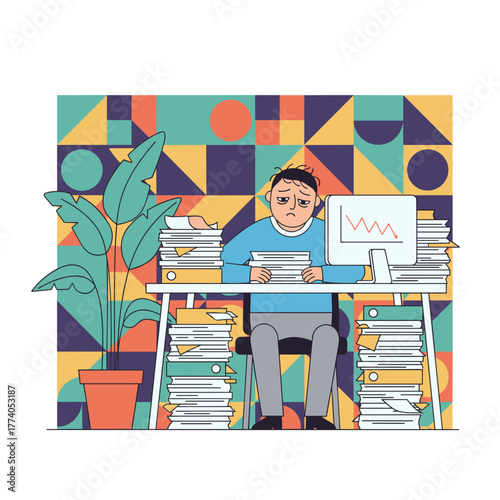 Stressed employee overwhelmed by massive paperwork and deadlines showing work crisis and burnout