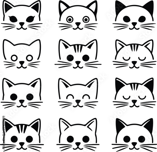 Cat face variations icon set, different eye shapes, whisker styles, ear positions, black outline, white background, clean minimal pet expression pack 2